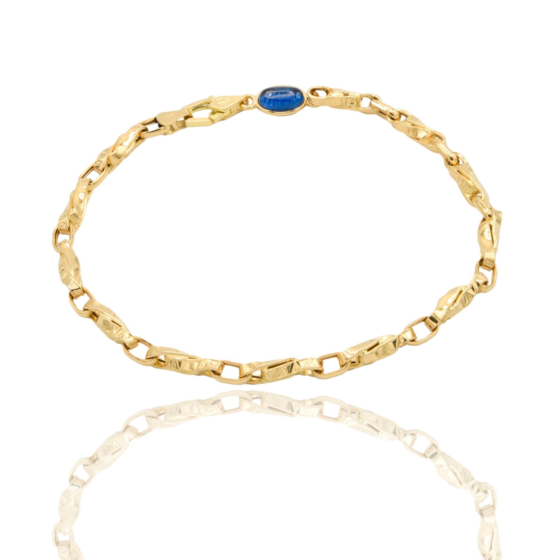 Bracciale Oro Giallo Oro 18 carati Catena Intrecciata pietra blu cm. 21,5
