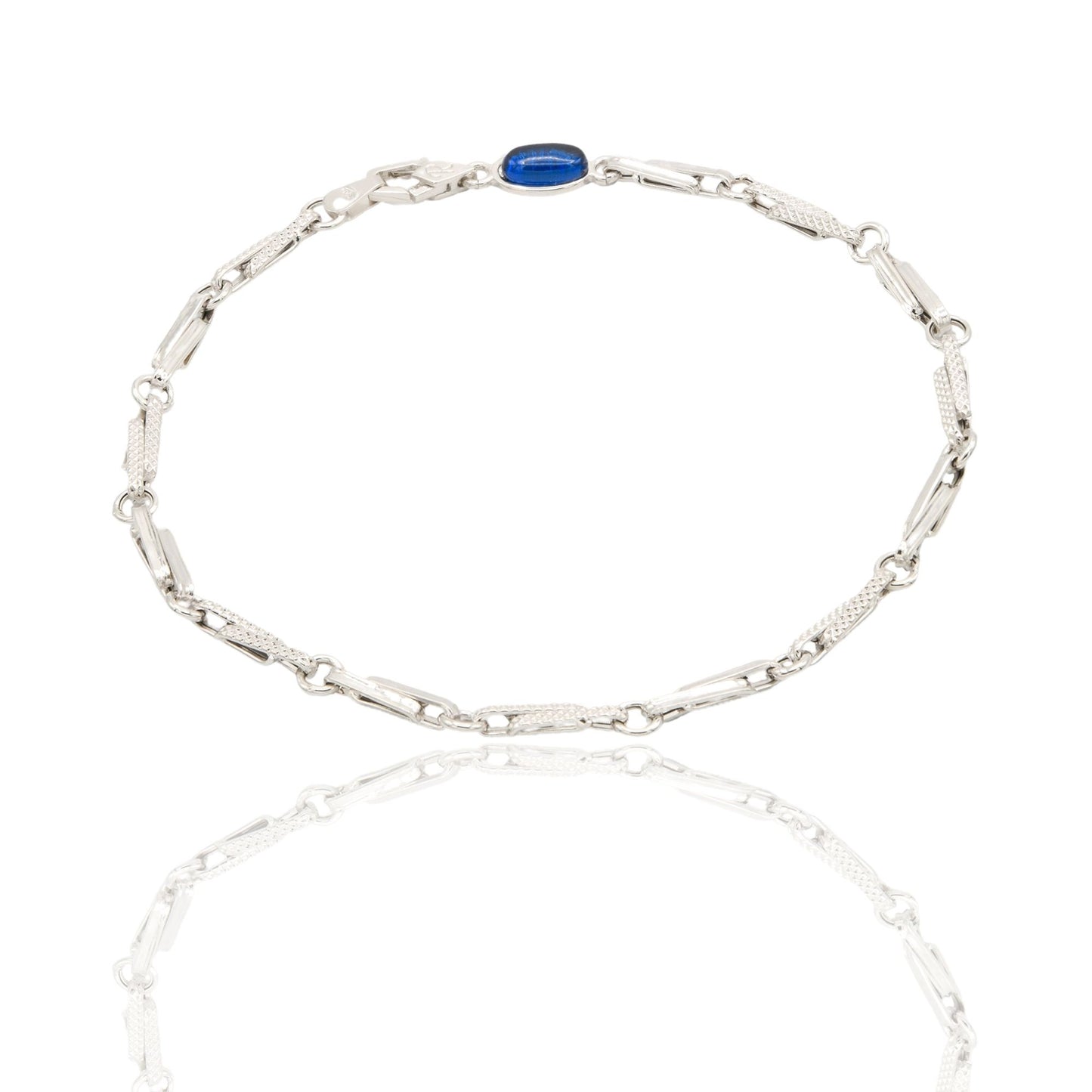 Bracciale Oro Bianco Oro 18 carati Catena Schiacciata Maglia Puntinata pietra blu cm. 21,5