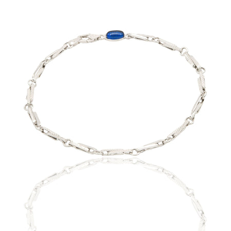 Bracciale Oro Bianco Oro 18 carati Catena Schiacciata Maglia Puntinata pietra blu cm. 21,5