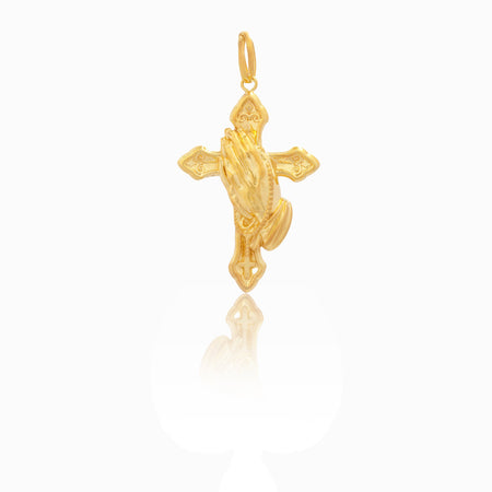 Ciondolo Oro Giallo Oro 18 carati Mani in preghiera su croce elettroformate Solo Oro cm.6