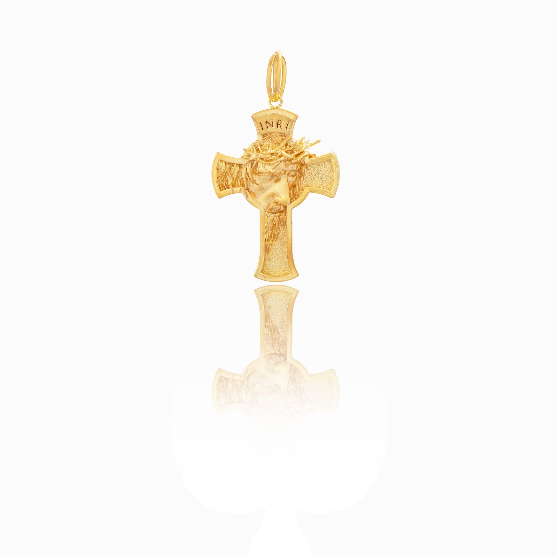 Ciondolo Oro Giallo Oro 18 carati Croce con Volto Cristo elettroformata Solo Oro cm.6