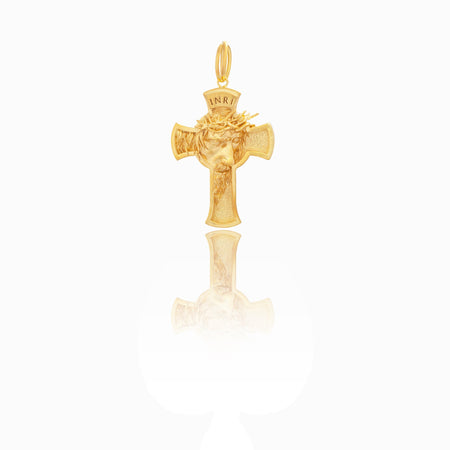 Ciondolo Oro Giallo Oro 18 carati Croce con Volto Cristo elettroformata Solo Oro cm.6