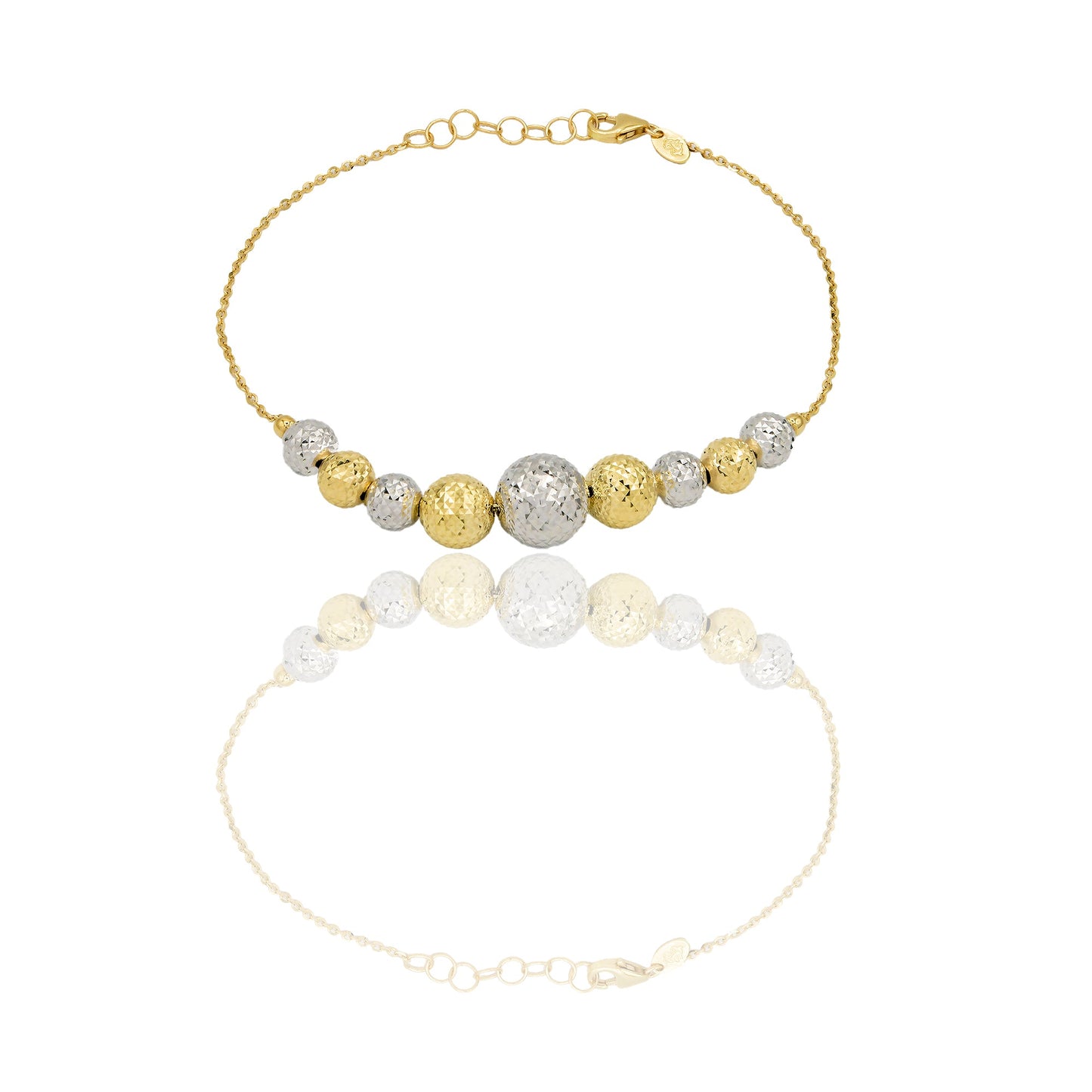 Bracciale Oro Giallo Oro Bianco Oro 18 carati Milleluci Sfere a scalare Solo Oro Lunghezza cm. 20 sfera mm.6/8/10