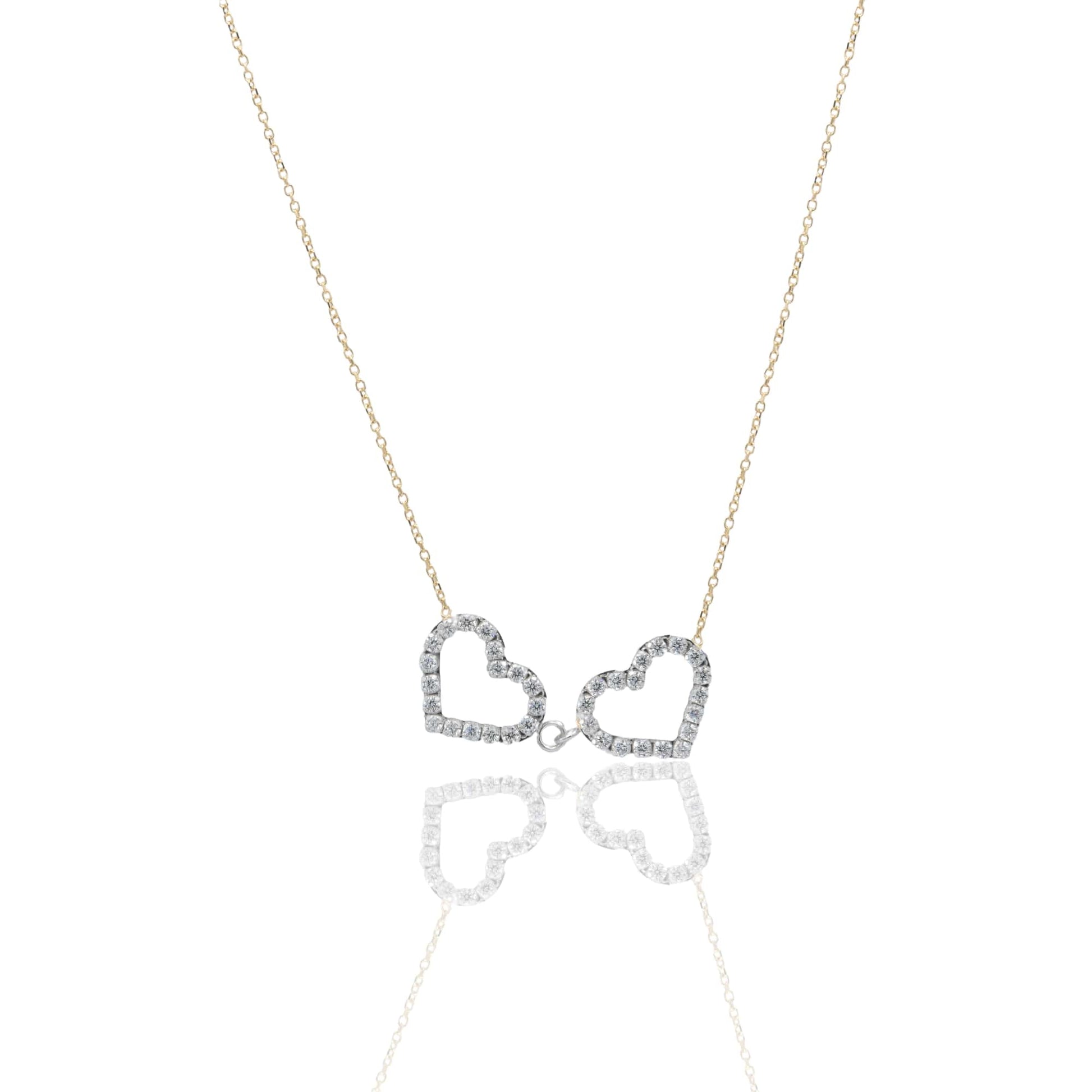 Collana Oro Giallo, Oro Bianco Oro 18 carati Girocollo 2 Cuori Zirconi Bianchi 