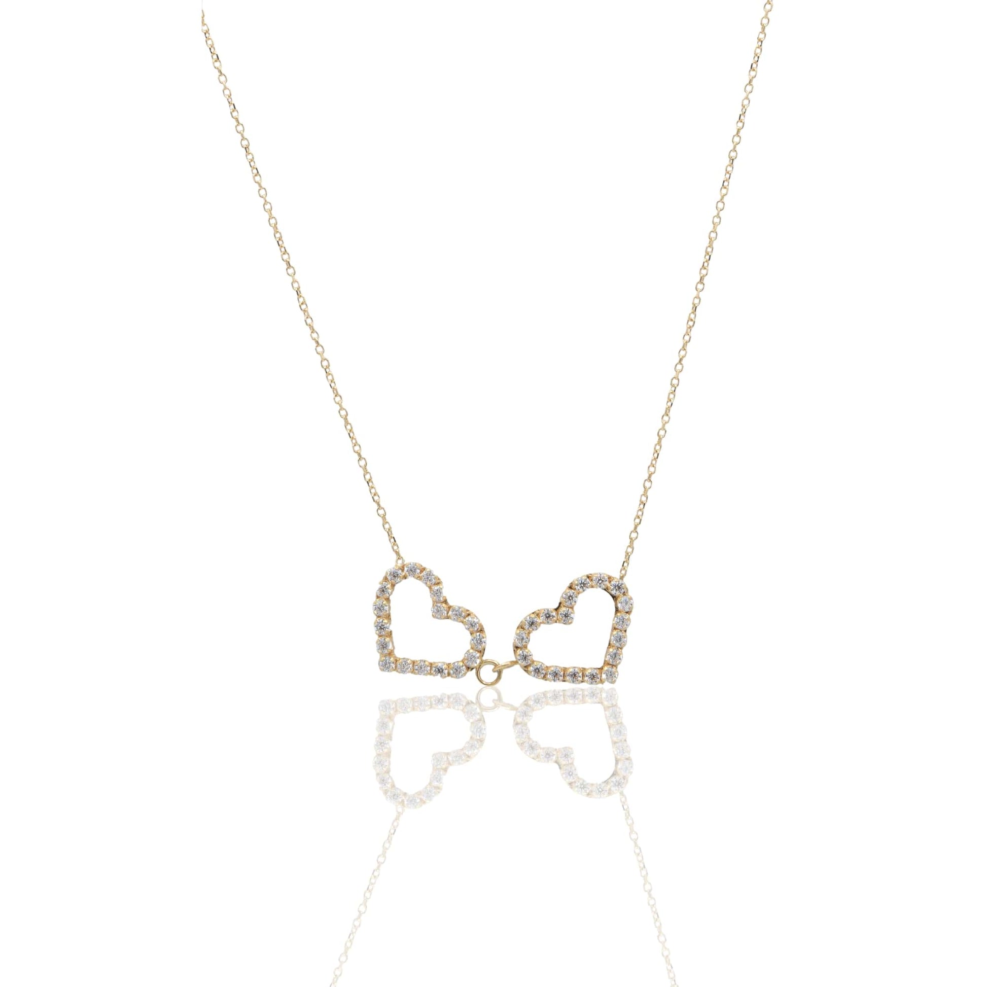 Collana Oro Giallo Oro 18 carati Girocollo 2 Cuori Zirconi Bianchi