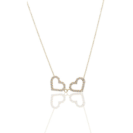 Collana Oro Giallo Oro 18 carati Girocollo 2 Cuori Zirconi Bianchi
