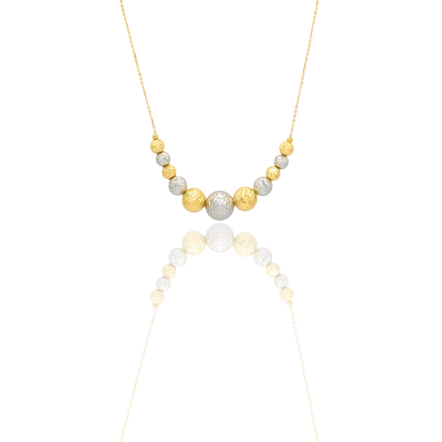 Collana Oro Giallo Oro Bianco Oro 18 carati Milleluci Sfere a scalare Solo Oro Lunghezza cm. 45 sfera mm.6/8/11