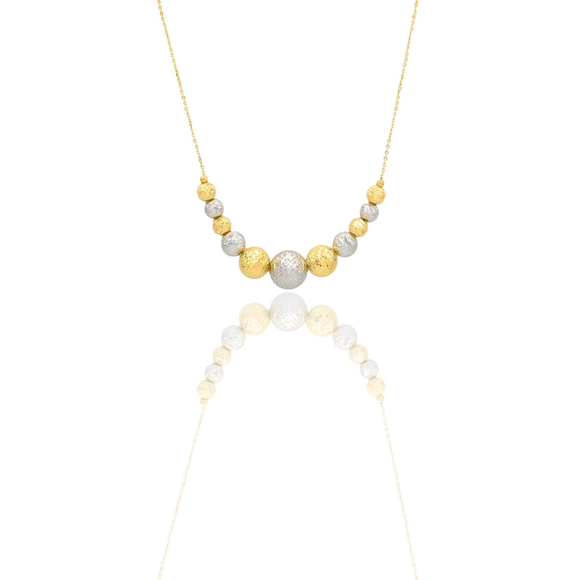 Collana Oro Giallo Oro Bianco Oro 18 carati Milleluci Sfere a scalare Solo Oro Lunghezza cm. 45 sfera mm.6/8/11