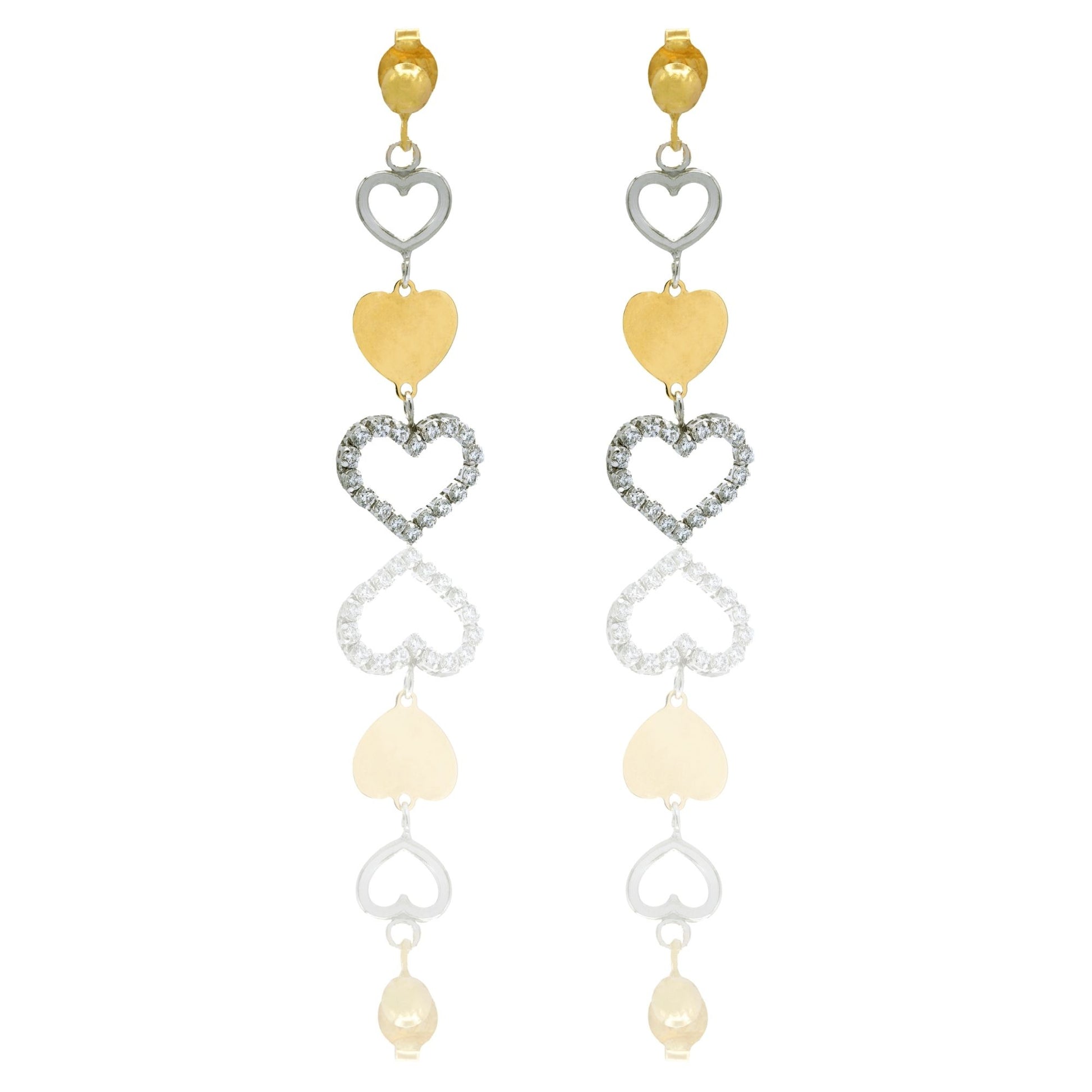 Orecchini Oro Giallo Oro Bianco Oro 18 carati 3 Cuori Pendenti Zirconi Bianchi