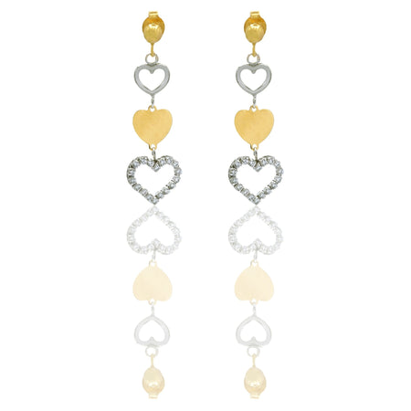 Orecchini Oro Giallo Oro Bianco Oro 18 carati 3 Cuori Pendenti Zirconi Bianchi