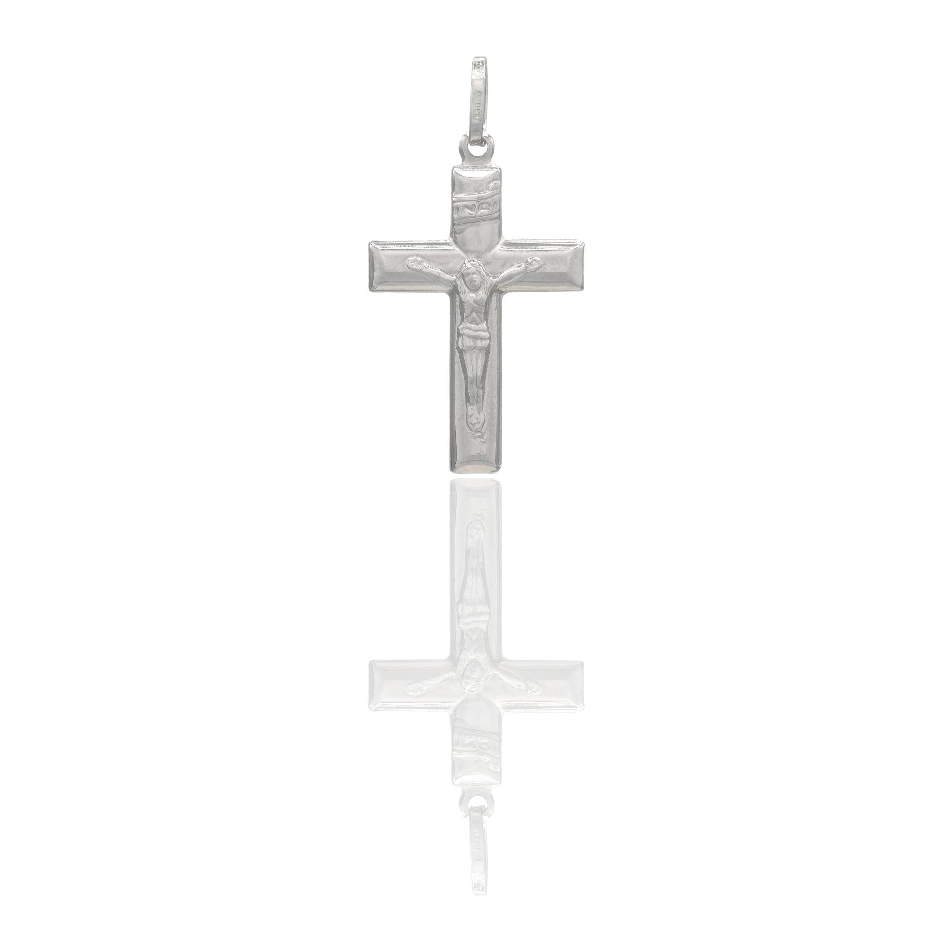 Ciondolo Oro Bianco Oro 18 carati Croce Piatta Cristo 3D Inri Solo Oro