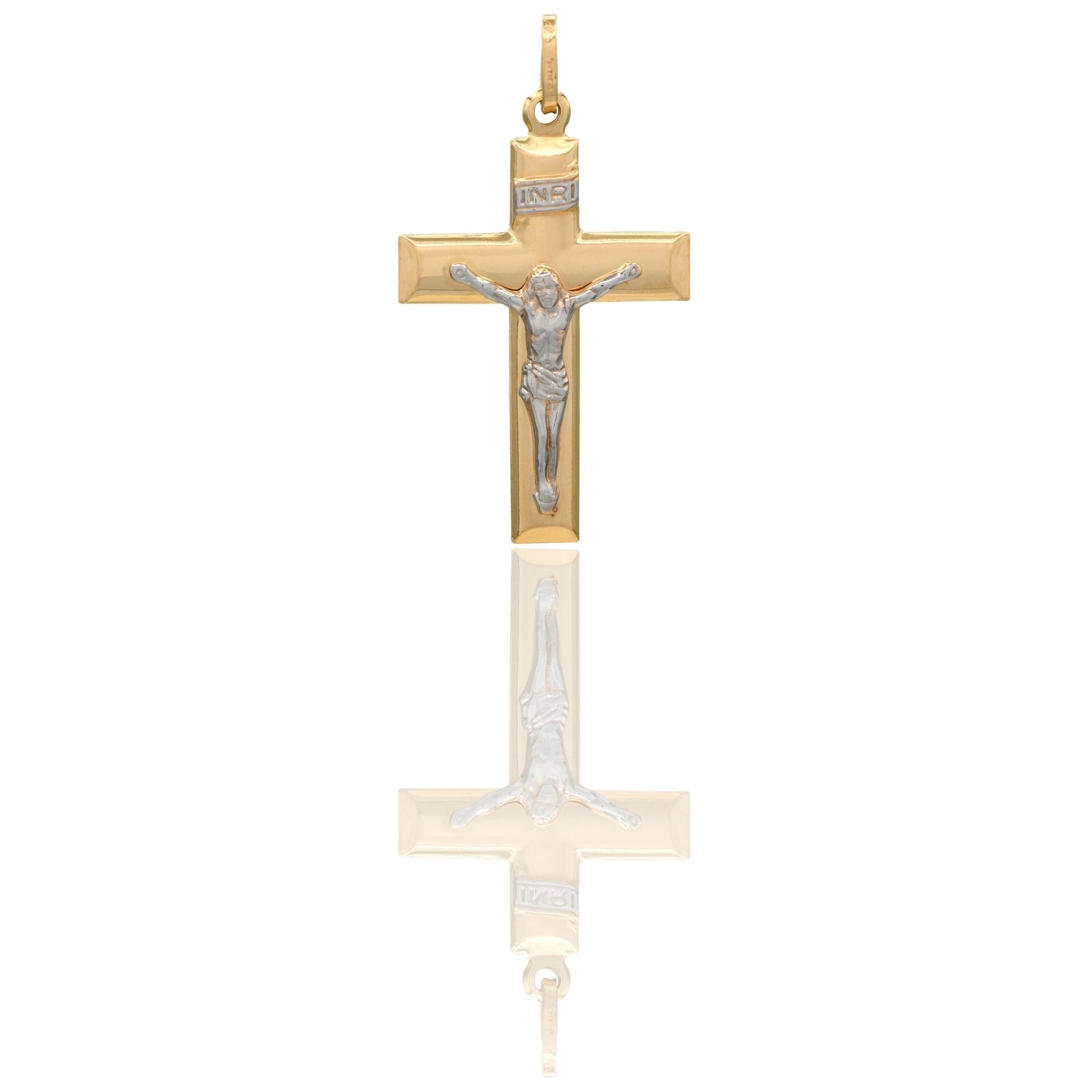 Ciondolo Oro Giallo Oro Bianco Oro 18 carati Croce Piatta Cristo 3D Inri Solo Oro cm.3,7x2