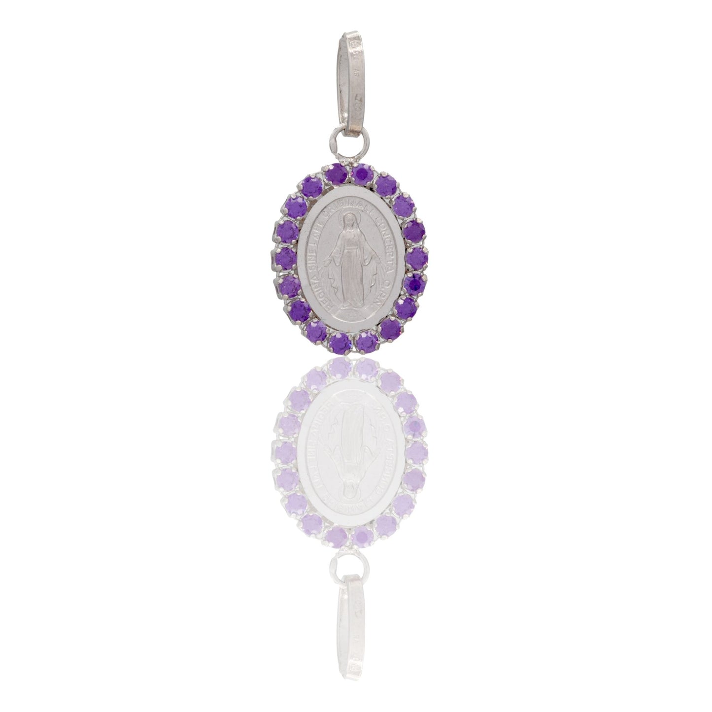 Ciondolo Oro Bianco Oro 18 carati Madonna Miracolosa Con Contorno Zirconi Viola