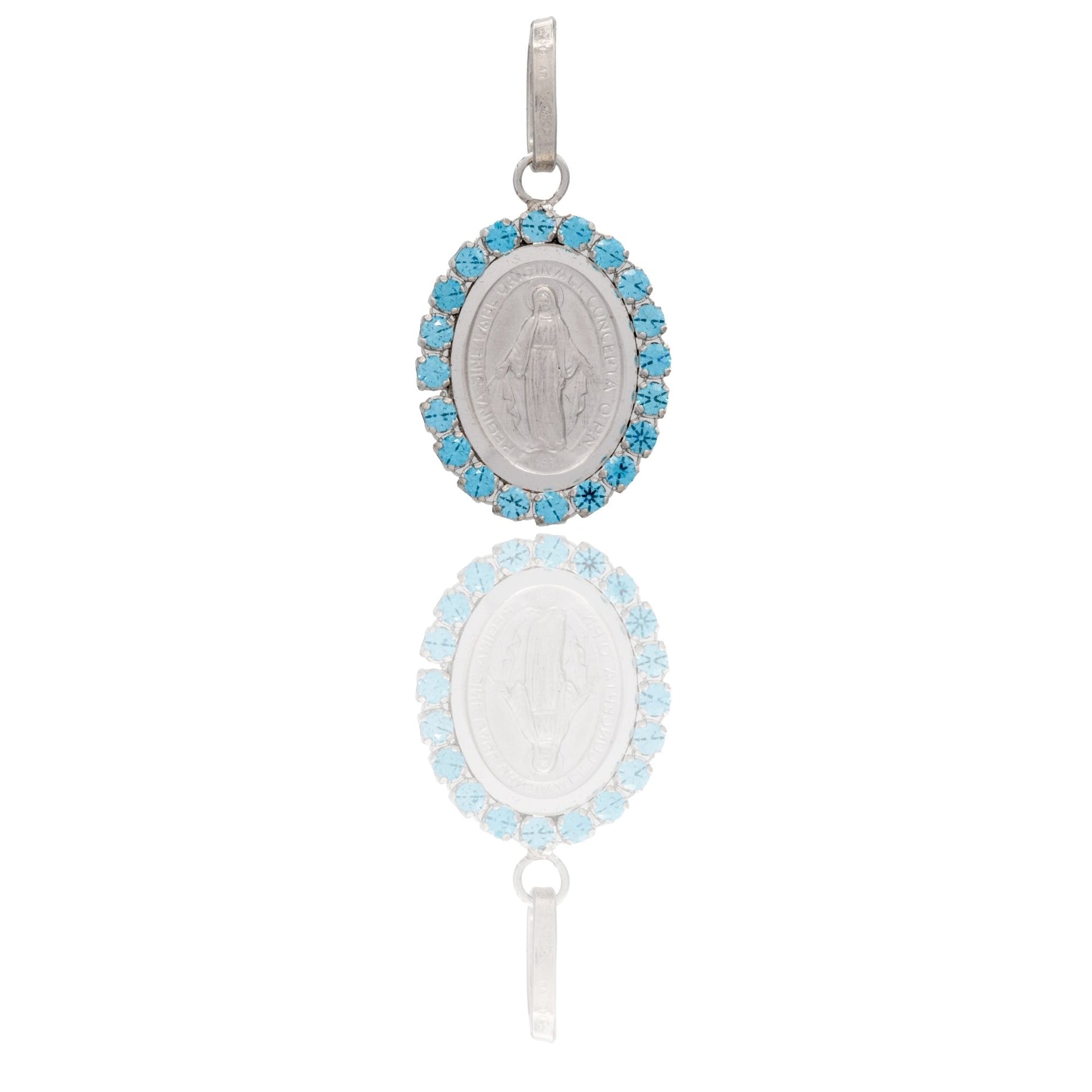 Ciondolo Oro Bianco Oro 18 carati Madonna Miracolosa Con Contorno Zirconi Azzurri cm.2,5