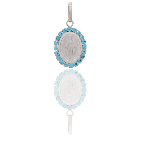Ciondolo Oro Bianco Oro 18 carati Madonna Miracolosa Con Contorno Zirconi Azzurri cm.2,5