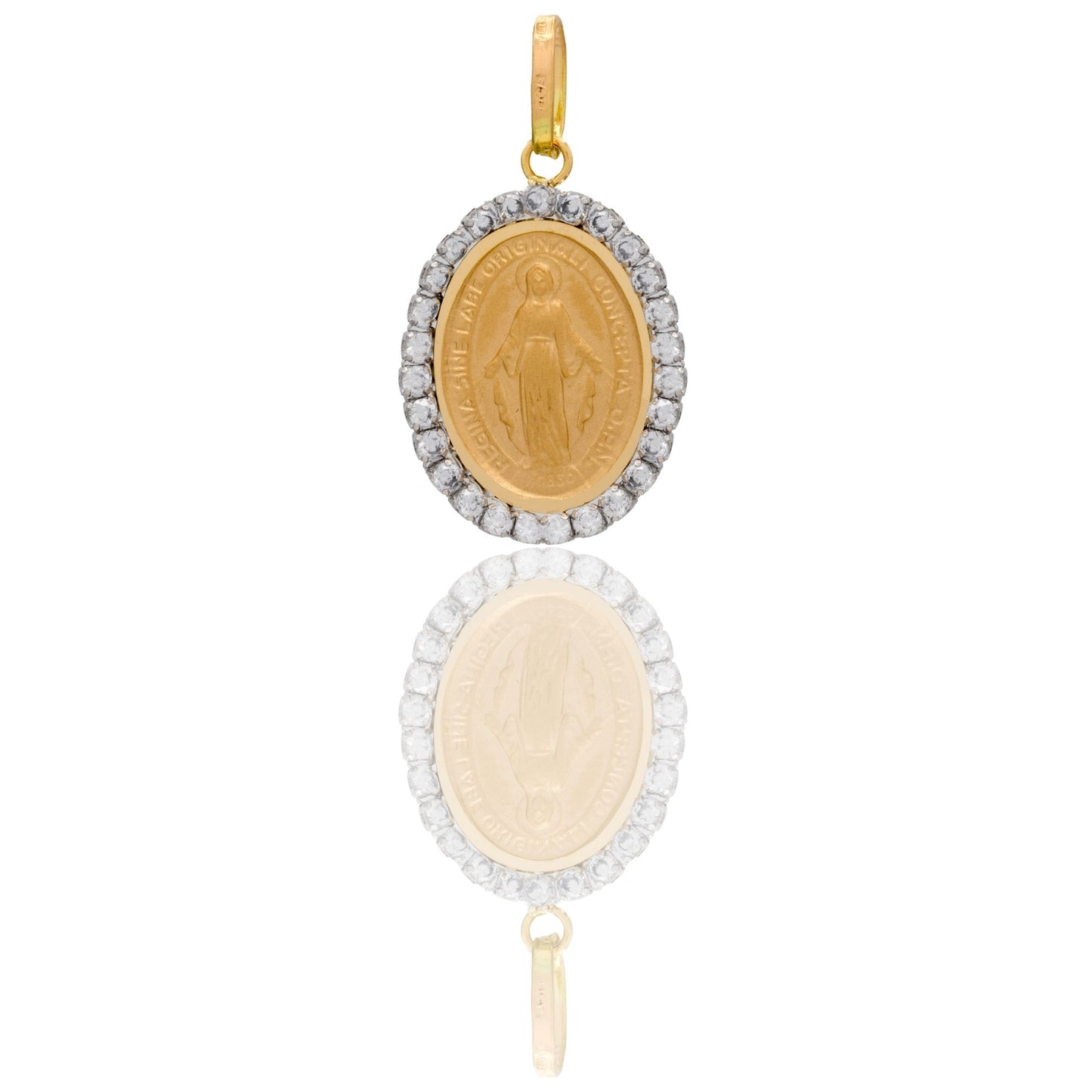Ciondolo Oro Giallo Oro 18 carati Madonna Miracolosa Con Contorno Zirconi Bianchi cm.2,5