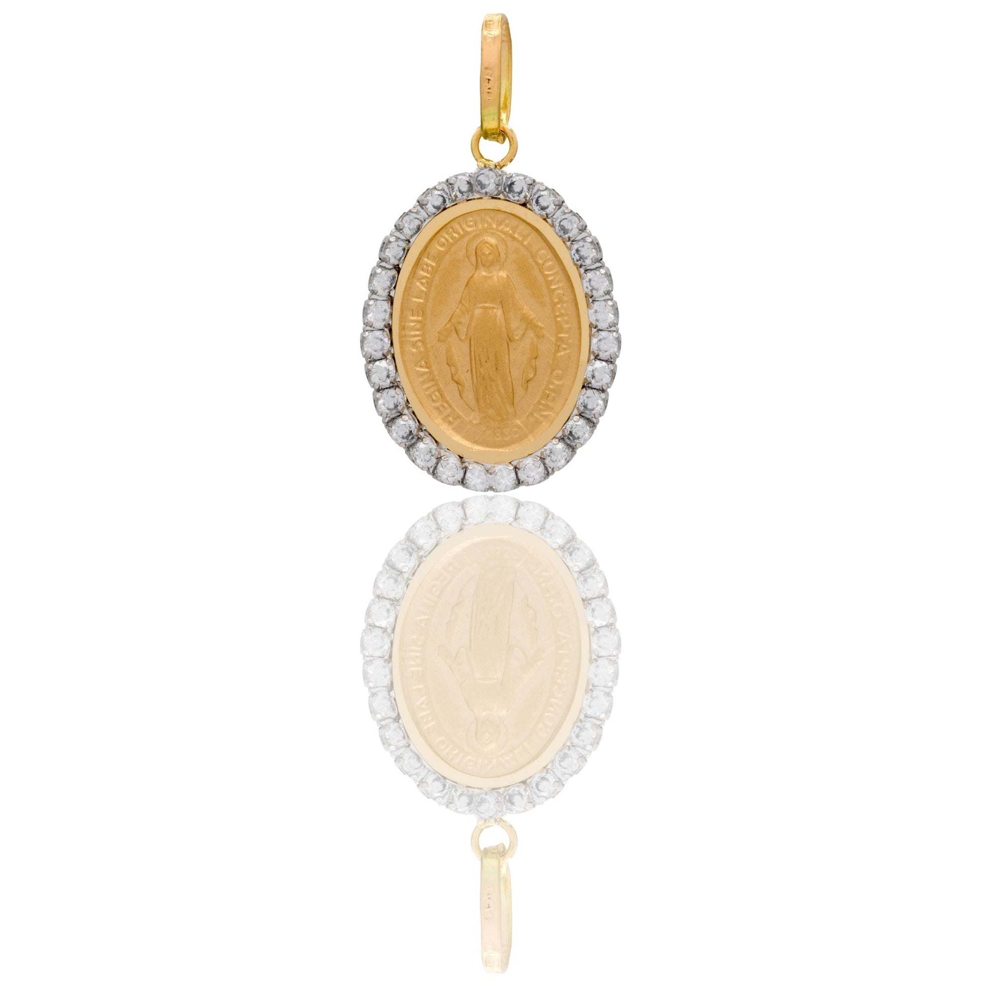 Ciondolo Oro Giallo Oro 18 carati Madonna Miracolosa Con Contorno Zirconi Bianchi cm.2,5