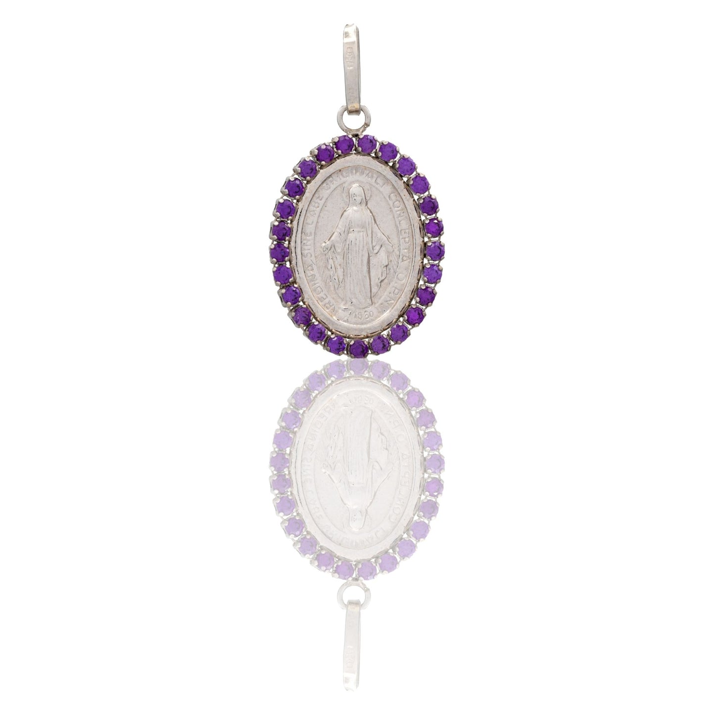 Ciondolo Oro Bianco Oro 18 carati Madonna Miracolosa Con Contorno Zirconi Viola cm.2,5