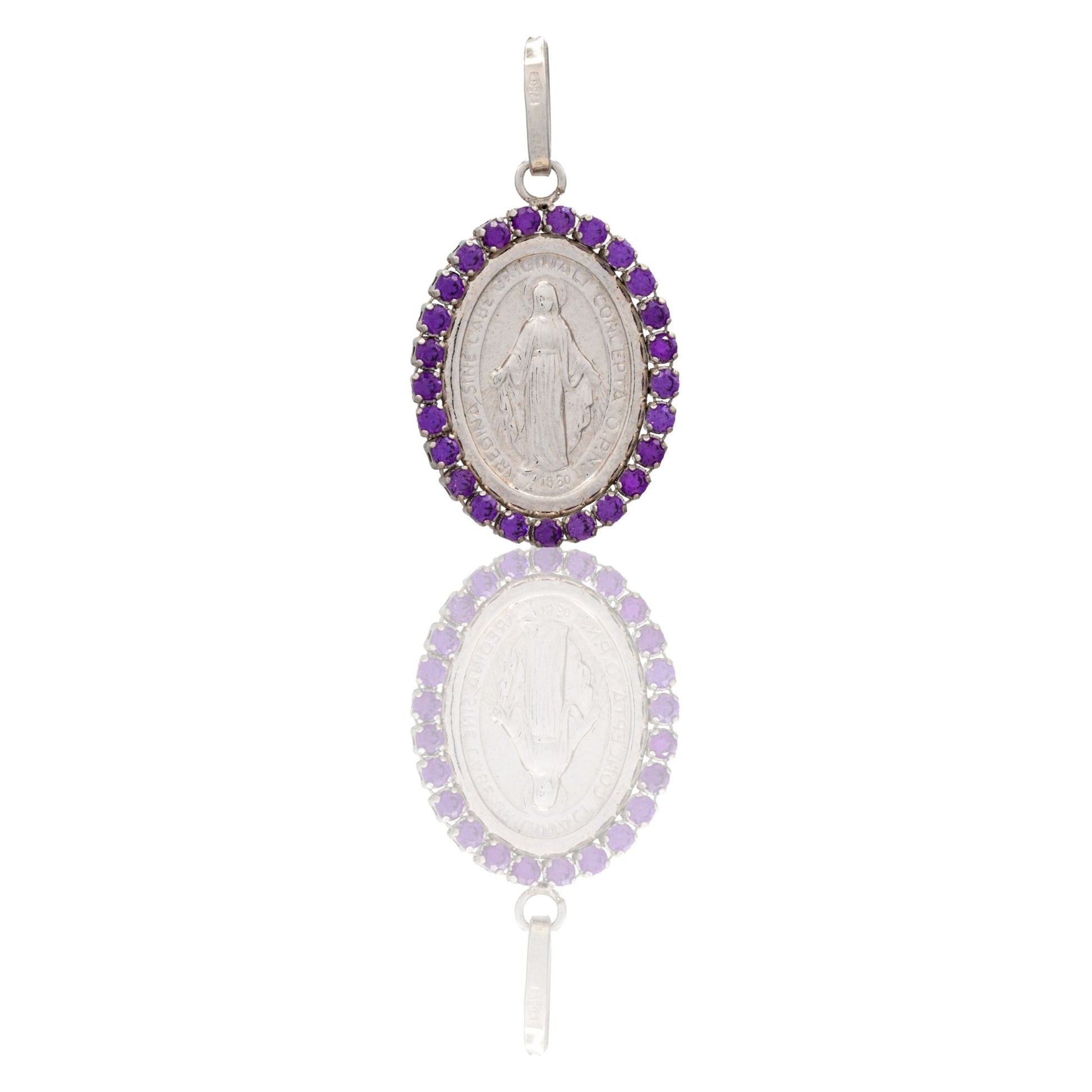 Ciondolo Oro Bianco Oro 18 carati Madonna Miracolosa Con Contorno Zirconi Viola cm.2,5