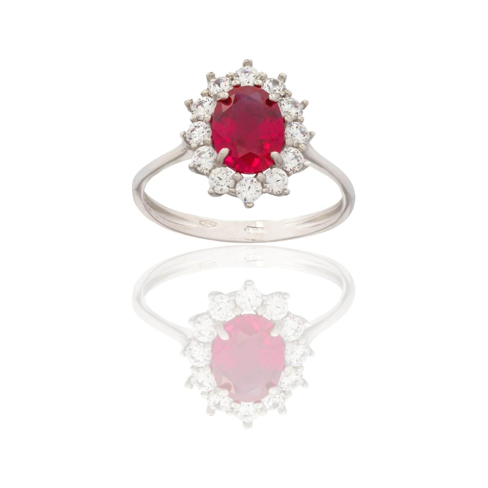 Anello Oro Bianco Oro 18 carati Modello Kate Centro E Contorno Zirconi Bianchi, Zircone Rosso 
