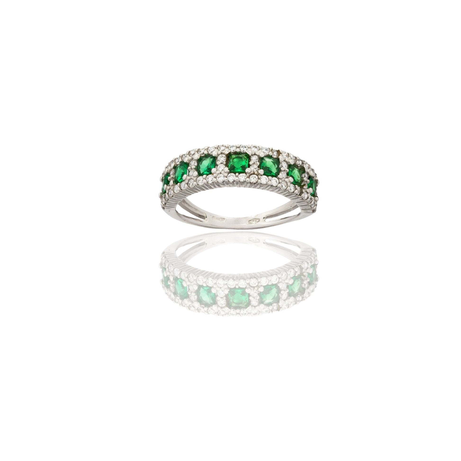 Anello Oro Bianco Oro 18 carati Veretta 7 Pietre Doppio Gambo Zirconi Bianchi, Zirconi Verdi 
