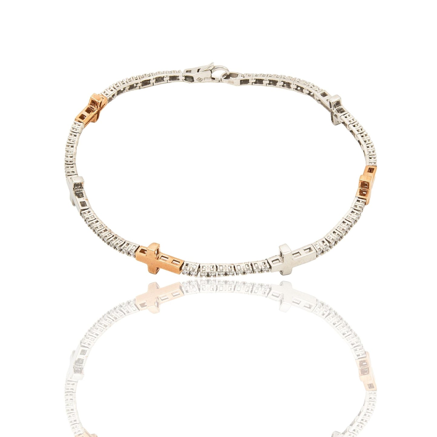 Bracciale Oro Bianco, Oro Rosa Oro 18 carati Tennis rigido con croci lisce Zirconi Bianchi lunghezza 20cm spessore mm 2