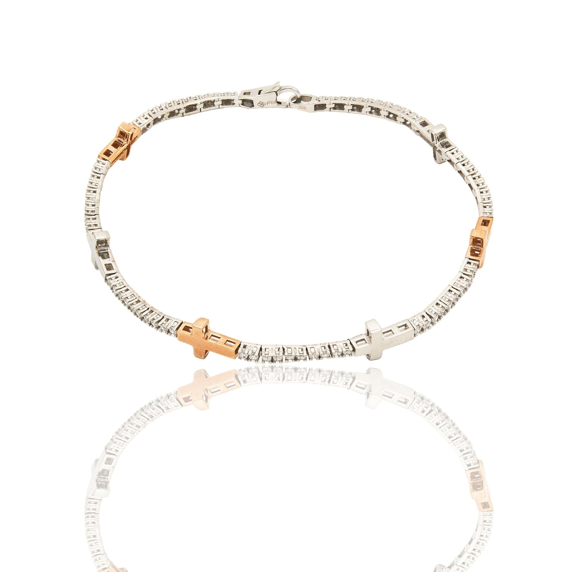 Bracciale Oro Bianco, Oro Rosa Oro 18 carati Tennis rigido con croci lisce Zirconi Bianchi lunghezza 20cm spessore mm 2