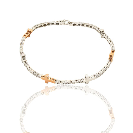 Bracciale Oro Bianco, Oro Rosa Oro 18 carati Tennis rigido con croci lisce Zirconi Bianchi lunghezza 20cm spessore mm 2