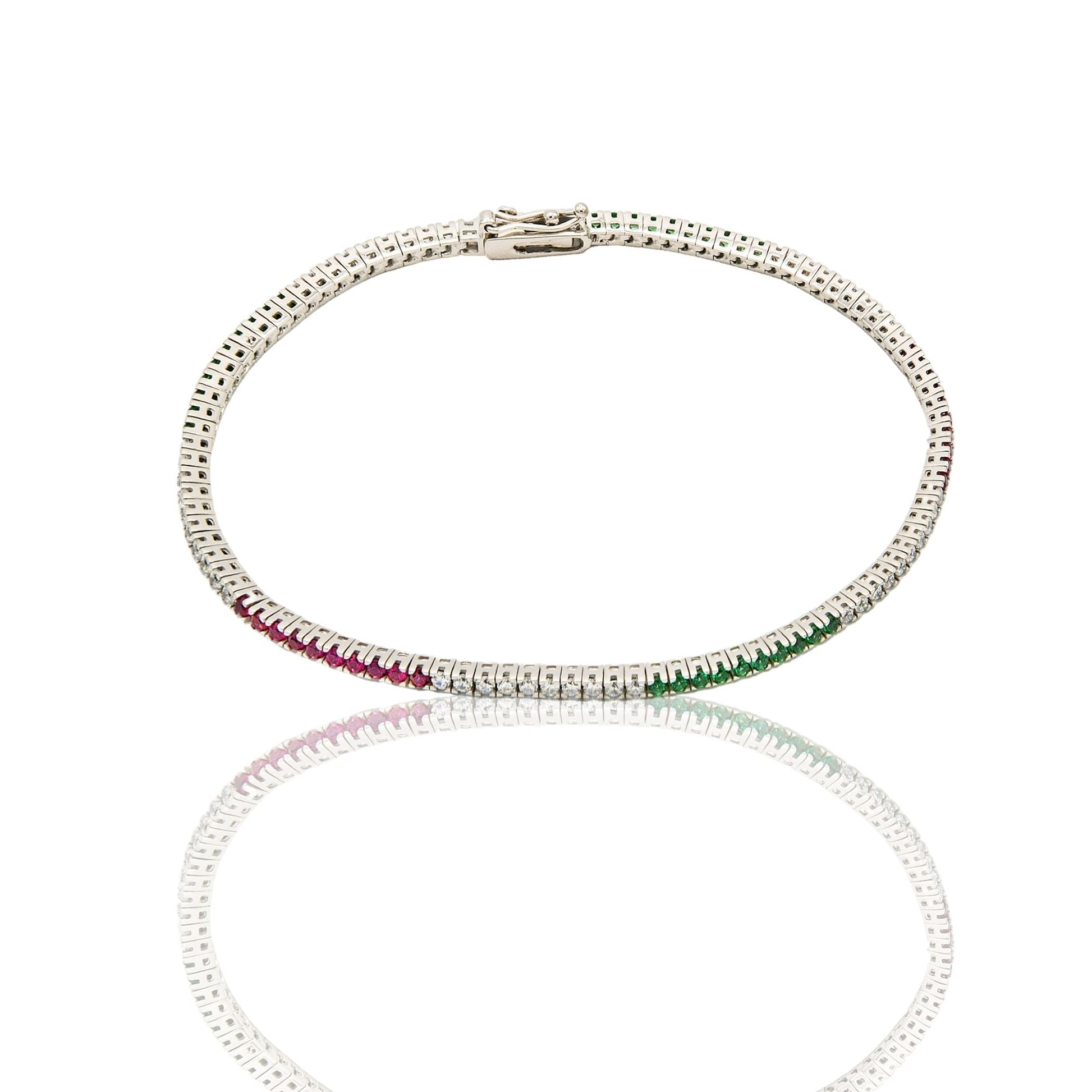 Bracciale Oro Bianco Oro 18 carati Tennis con bandiera italiana Zirconi Bianchi, Zirconi Verdi, Zirconi Rossi lunghezza 18cm spessore mm 1,8