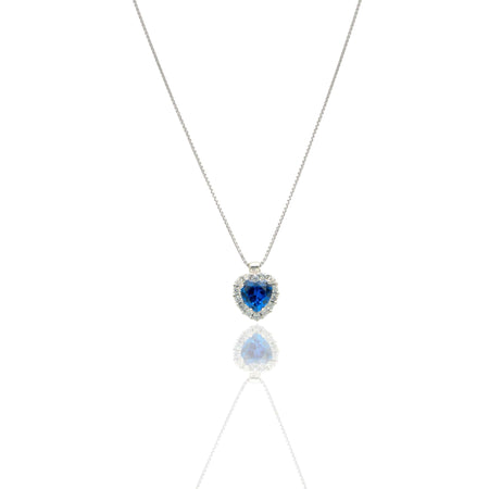 Collana Oro Bianco Oro 18 carati Cuore Centro E Contorno Pavè Zirconi bianchi, Zircone Blu 
