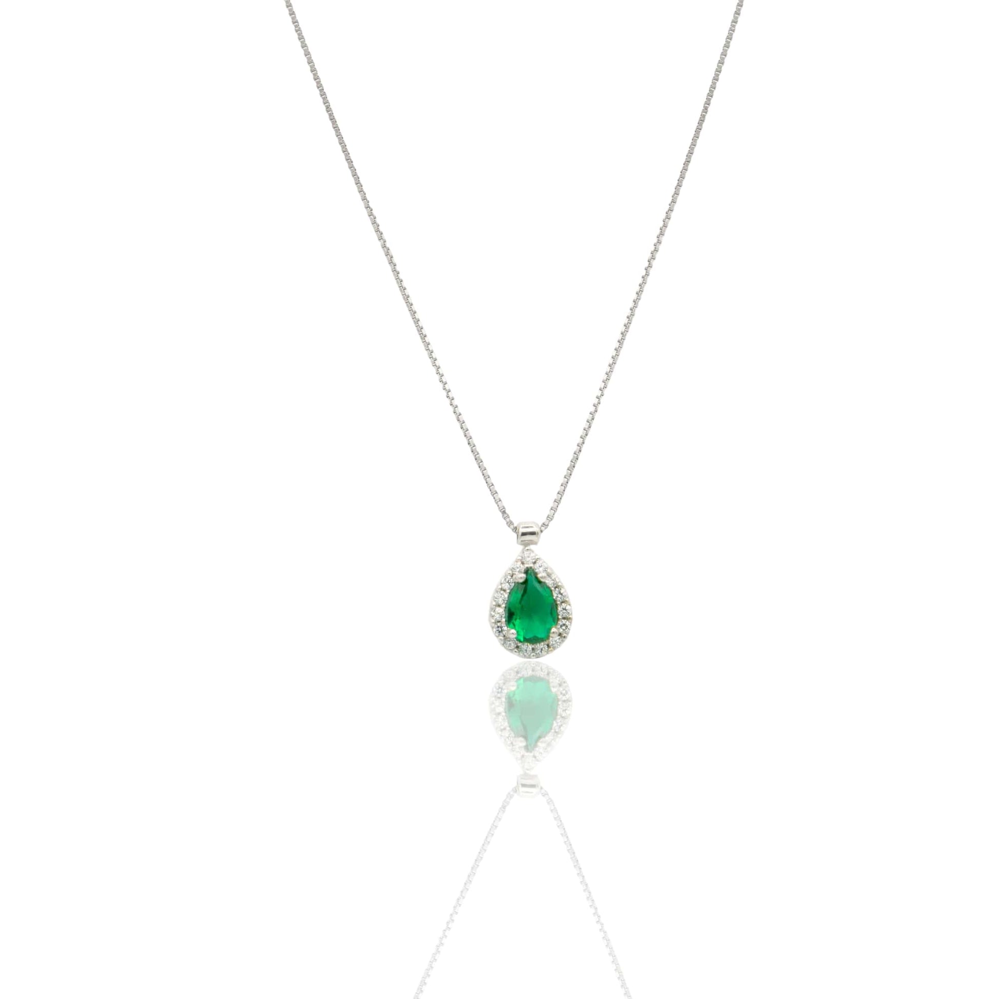 Collana Oro Bianco Oro 18 carati Goccia Centro E Contorno Pavè Zirconi bianchi, Zircone Verde 