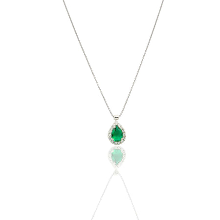 Collana Oro Bianco Oro 18 carati Goccia Centro E Contorno Pavè Zirconi bianchi, Zircone Verde 