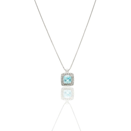Collana Oro Bianco Oro 18 carati Quadrato Centro E Contorno Pavè Zirconi bianchi, Zircone Azzurro 