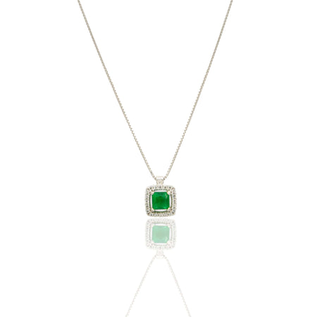 Collana Oro Bianco Oro 18 carati Quadrato Centro E Contorno Pavè Zirconi bianchi, Zircone Verde 