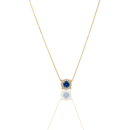 Collana Oro Giallo Oro 18 carati Quadrato Centro E Contorno Zircone Blu, Pavè Zirconi bianchi 