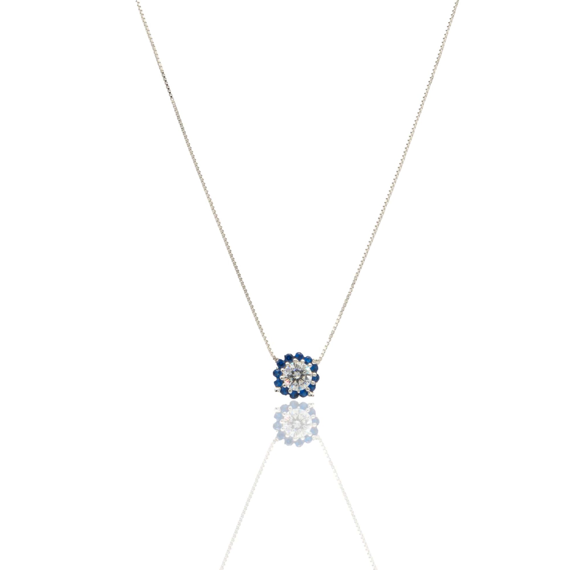 Collana Oro Bianco Oro 18 carati Quadrato Centro E Contorno Pavè Zirconi Blu, Zircone Bianco 