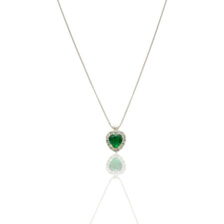 Collana Oro Bianco Oro 18 carati Cuore Centro E Contorno Pavè Zirconi bianchi, Zircone Verde 