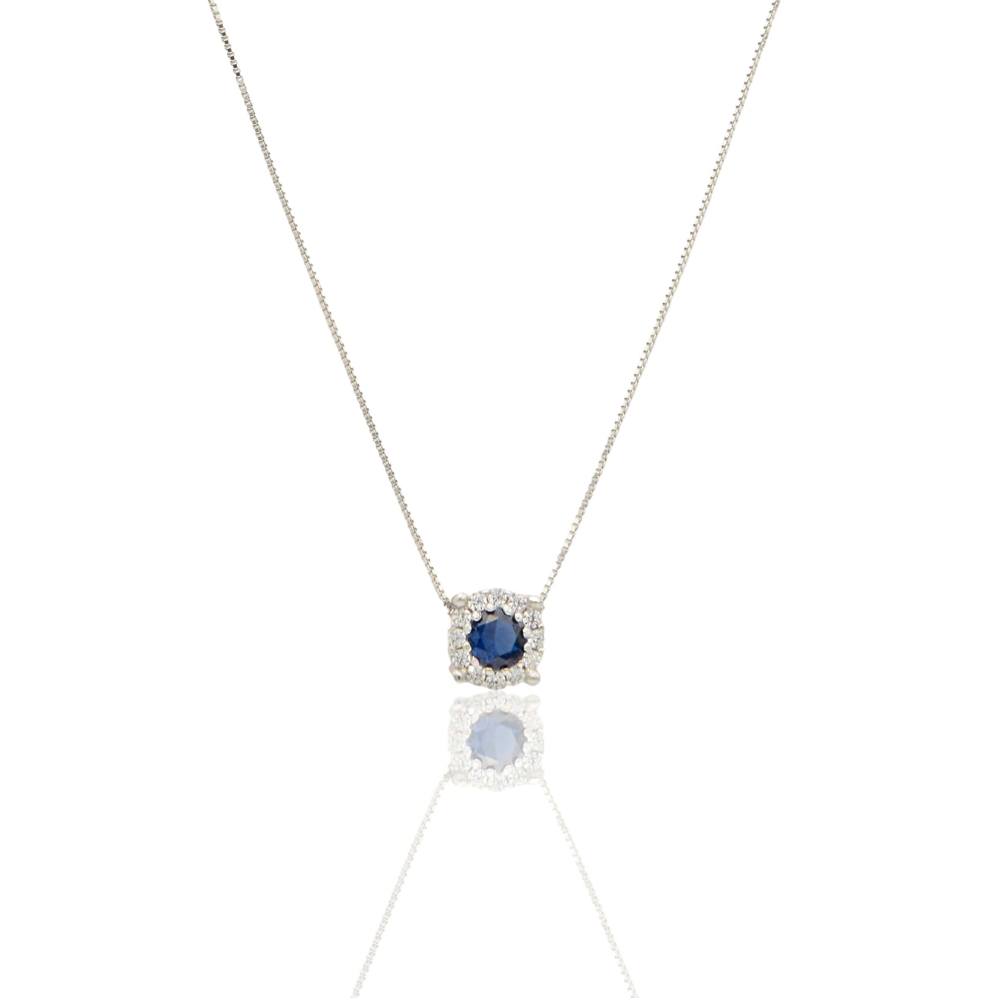 Collana Oro Bianco Oro 18 carati Quadrato Centro E Contorno Pavè Zirconi bianchi, Zircone Blu 
