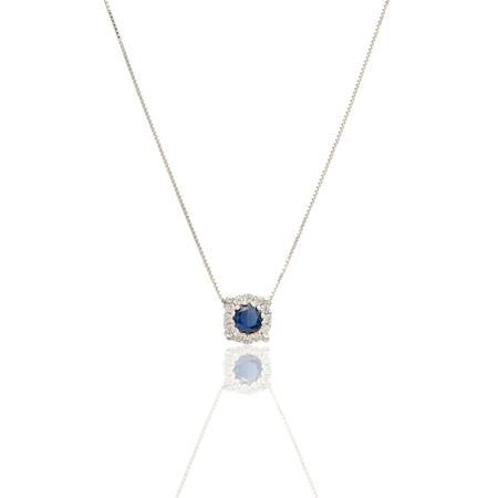 Collana Oro Bianco Oro 18 carati Quadrato Centro E Contorno Pavè Zirconi bianchi, Zircone Blu 