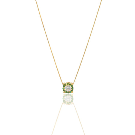 Collana Oro Giallo Oro 18 carati Toppa Centro E Contorno Pavè Zirconi Verdi