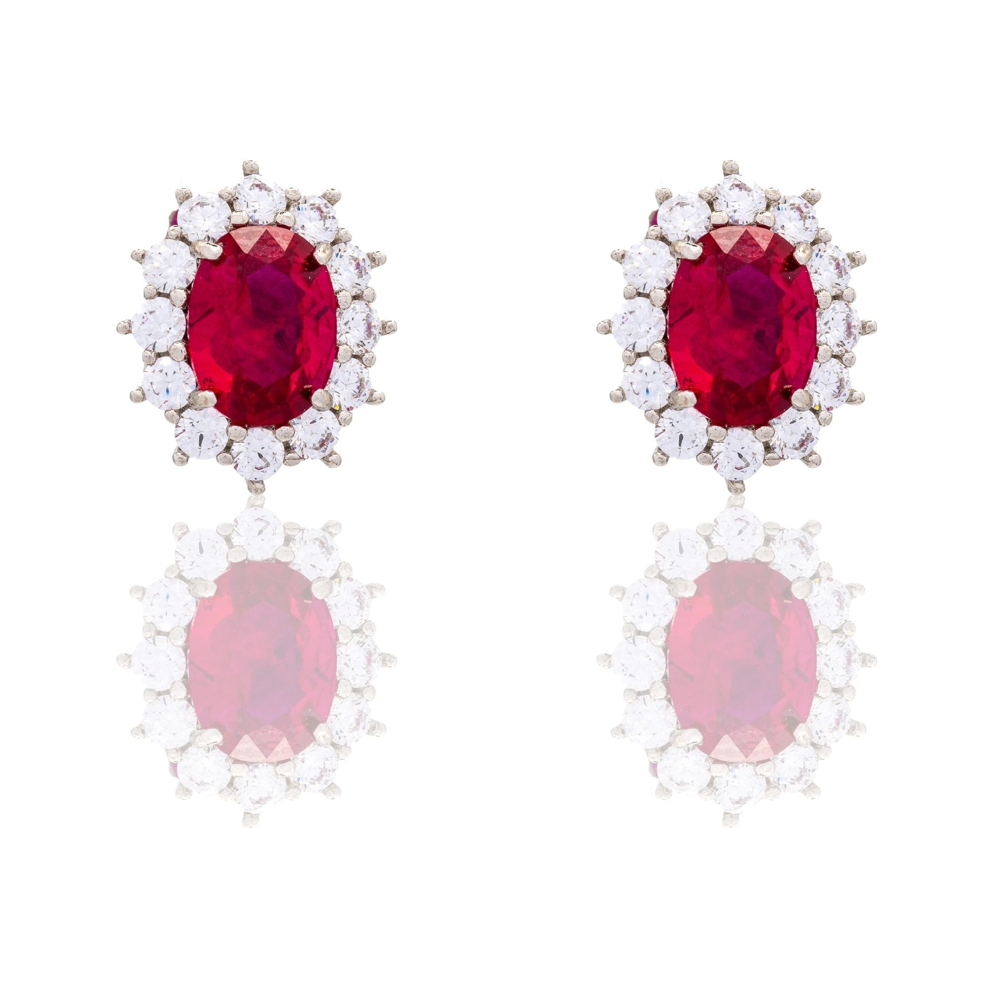 Orecchini Oro Bianco Oro 18 carati Modello Kate Centro E Contorno Zirconi Bianchi, Zircone Rosso 
