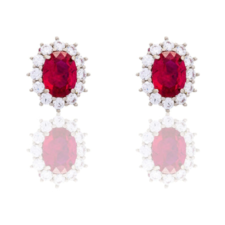 Orecchini Oro Bianco Oro 18 carati Modello Kate Centro E Contorno Zirconi Bianchi, Zircone Rosso 