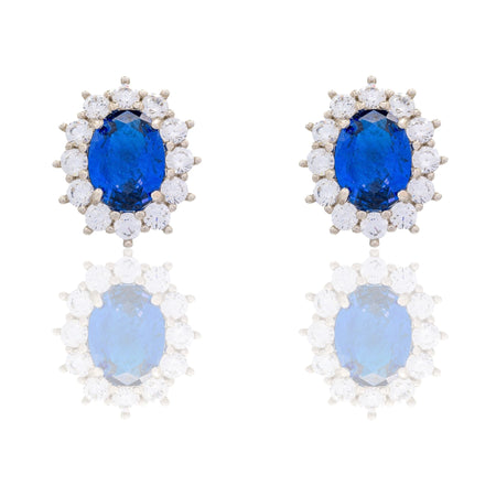 Orecchini Oro Bianco Oro 18 carati Modello Kate Centro E Contorno Zirconi Bianchi, Zircone Blu 
