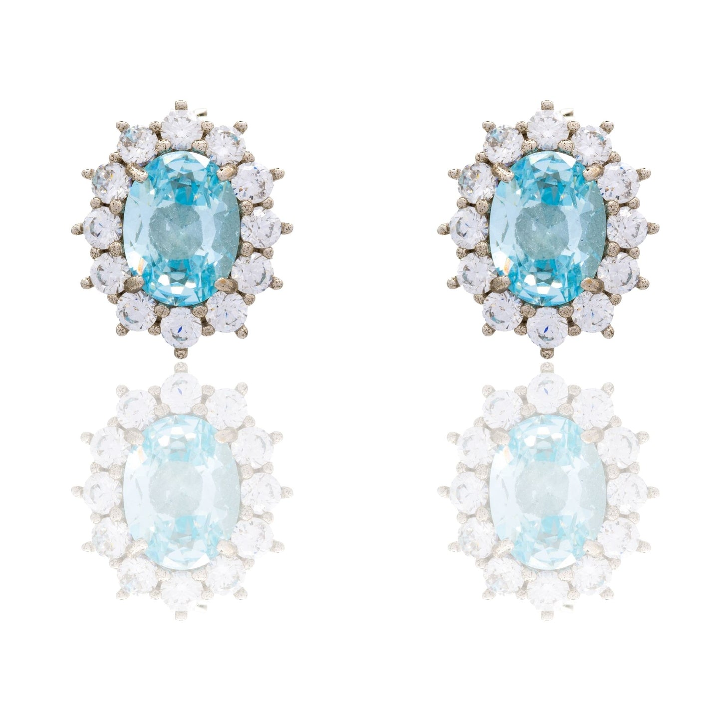 Orecchini Oro Bianco Oro 18 carati Modello Kate Centro E Contorno Zirconi Bianchi, Zircone Azzurro 