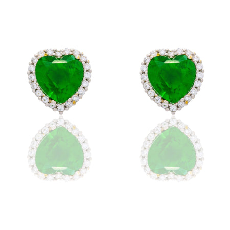 Orecchini Oro Bianco Oro 18 carati Cuore Centro E Contorno Zirconi Bianchi, Zircone Verde 