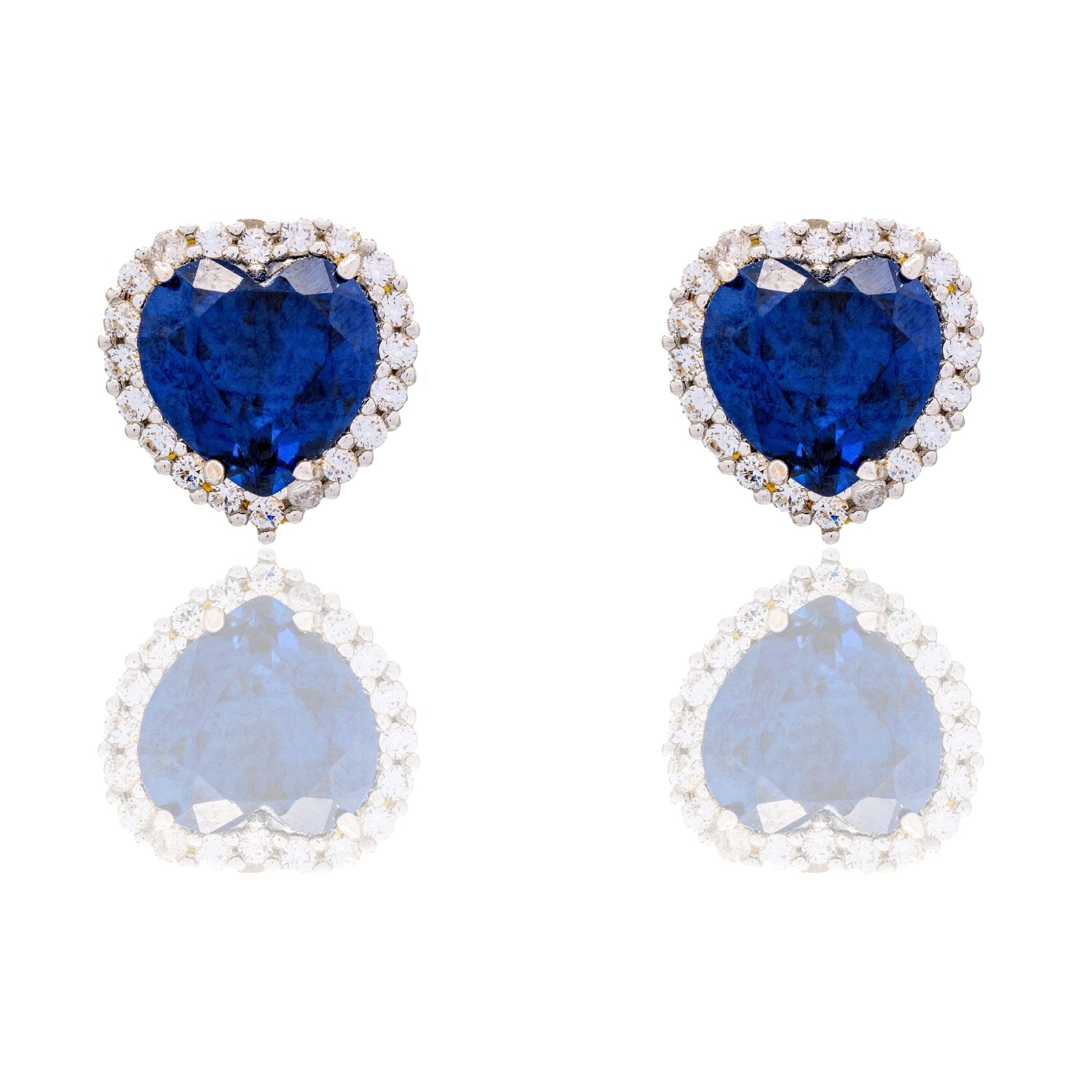 Orecchini Oro Bianco Oro 18 carati Cuore Centro E Contorno Zirconi Bianchi, Zircone Blu 