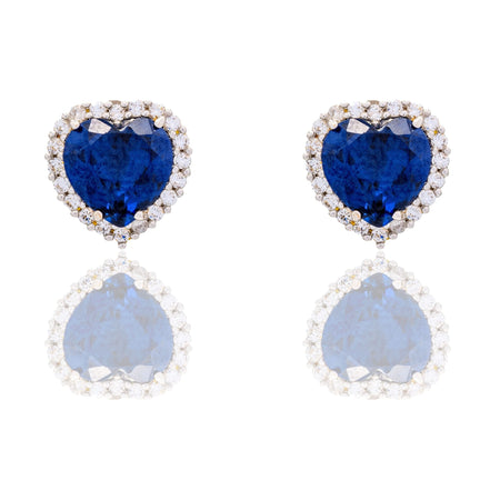 Orecchini Oro Bianco Oro 18 carati Cuore Centro E Contorno Zirconi Bianchi, Zircone Blu 