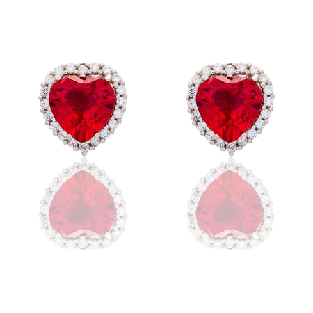 Orecchini Oro Bianco Oro 18 carati Cuore Centro E Contorno Zirconi Bianchi, Zircone Rosso 
