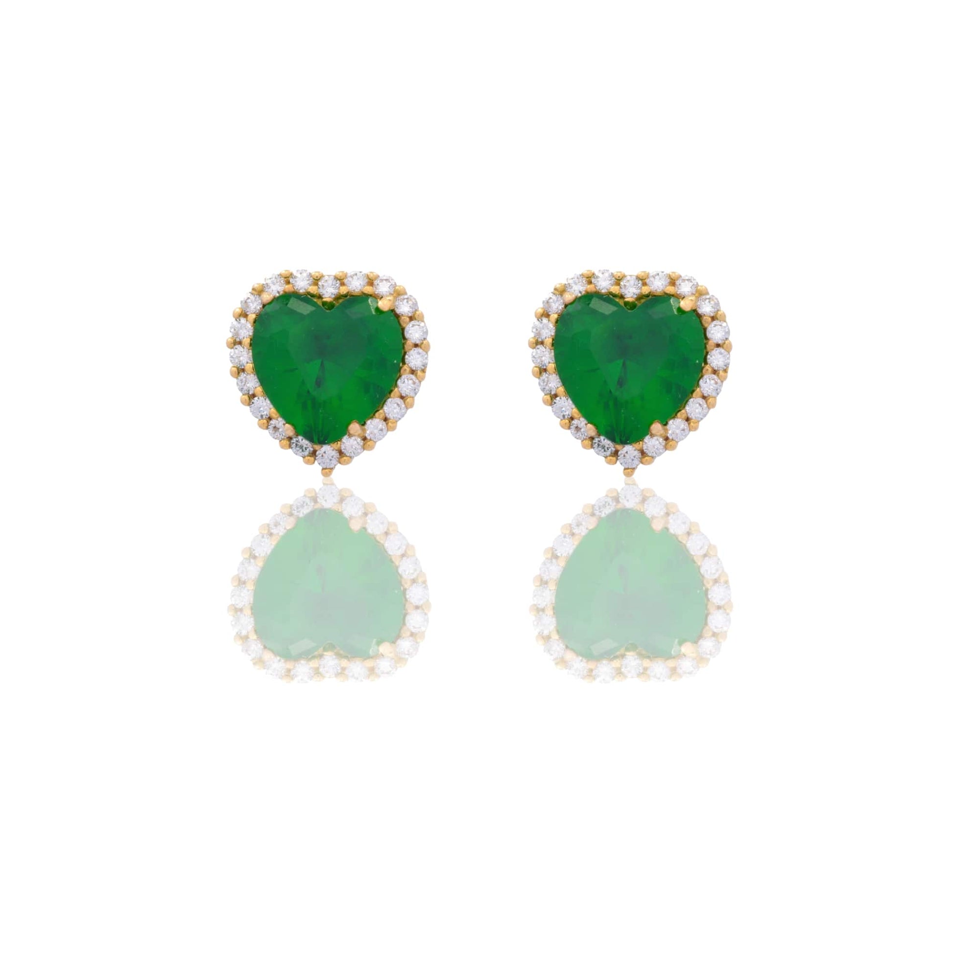 Orecchini Oro Giallo Oro 18 carati Cuore Centro E Contorno Zirconi Bianchi, Zircone Verde 