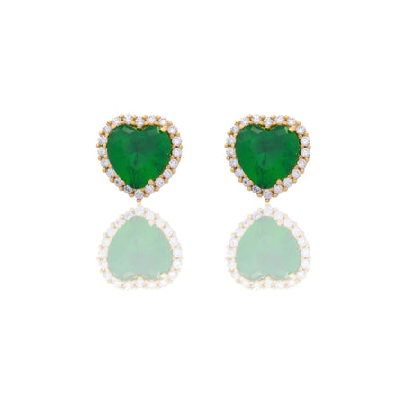 Orecchini Oro Giallo Oro 18 carati Cuore Centro E Contorno Zirconi Bianchi, Zircone Verde 